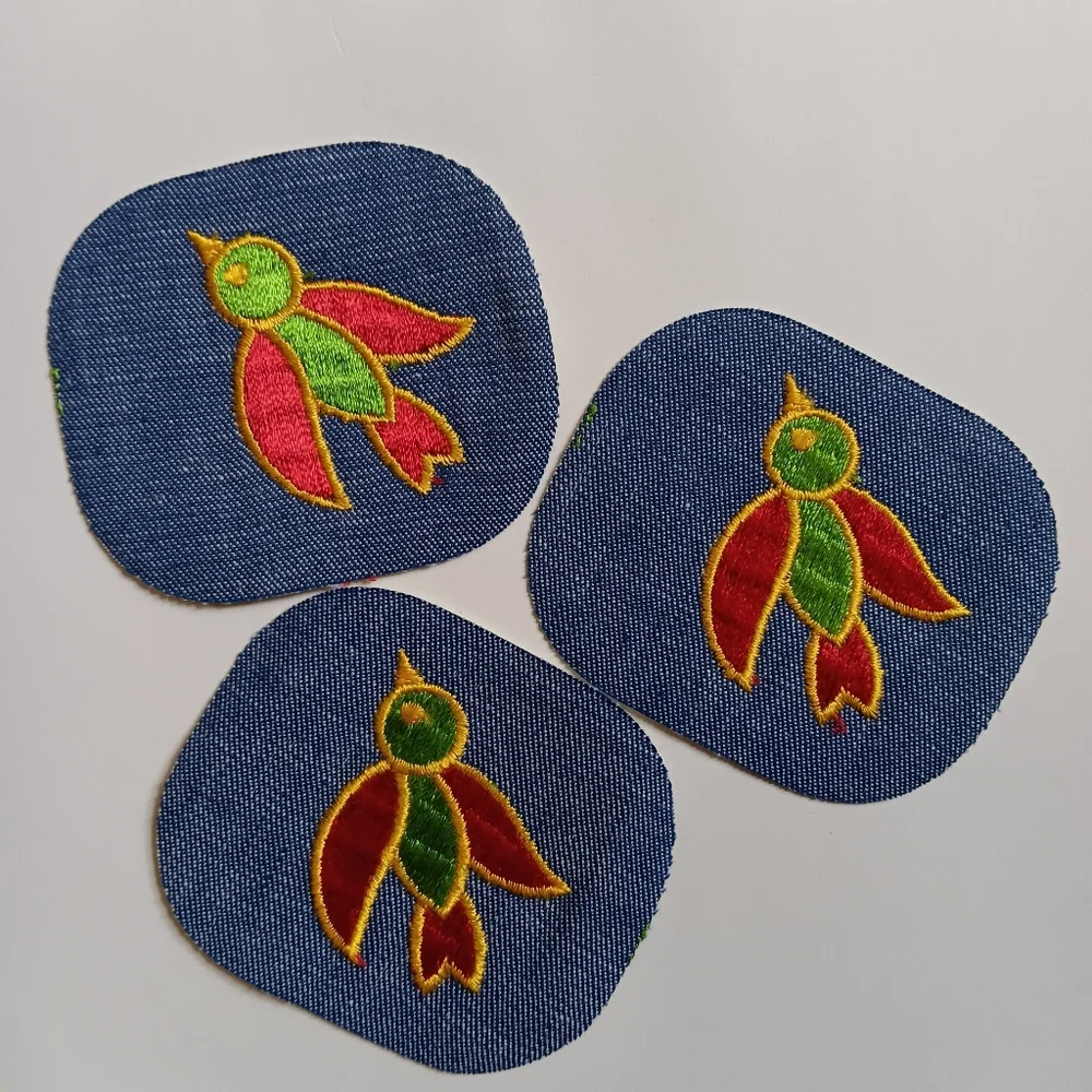 70s Embroidered Bird Vintage Denim Iron On Patch Lot Of 3, 1970s Era Boho Retro - Picture 1 of 9